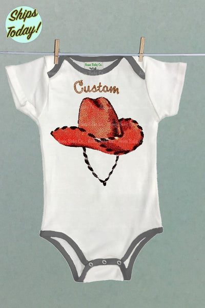 Personalized Cowboy hat One Piece Bodysuit with Color Trim