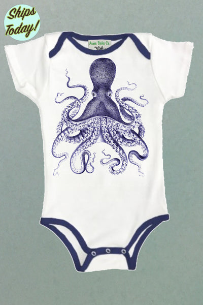 Blue Octopus One Piece Bodysuit with Color Trim