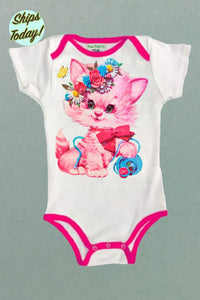 Kitschy Kitten One Piece Bodysuit with Color Trim