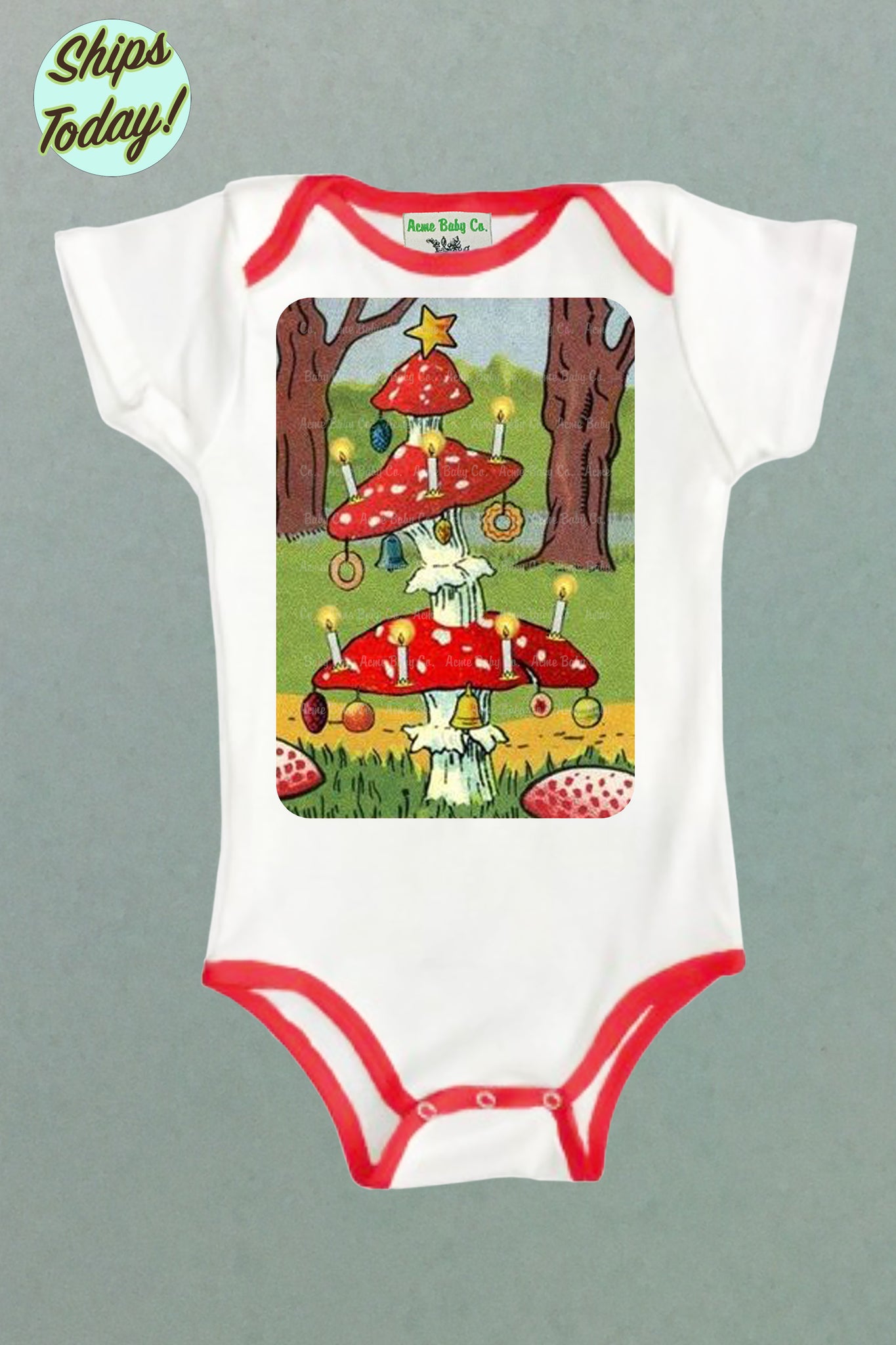 Red Mushrooms One Piece Bodysuit with Color Trim