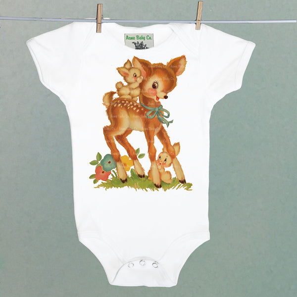 Brown Deer with Bunnies One Piece Baby Bodysuit