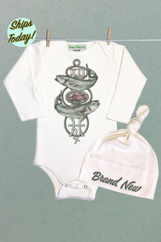 Brand New Pisces Organic Baby Bodysuit and Cap Set