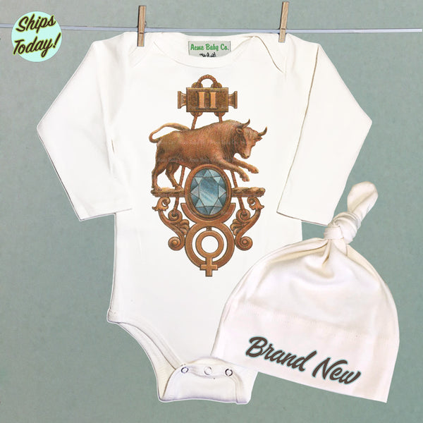 Brand New Taurus Organic Baby Bodysuit and Cap Set