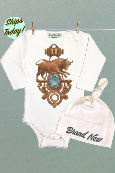 Brand New Taurus Organic Baby Bodysuit and Cap Set