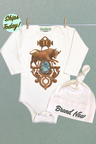 Brand New Taurus Organic Baby Bodysuit and Cap Set