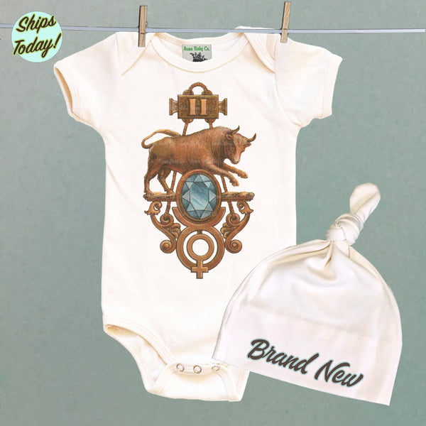 Brand New Taurus Organic Baby Bodysuit and Cap Set