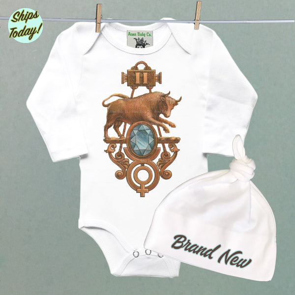 Brand New Taurus Organic Baby Bodysuit and Cap Set