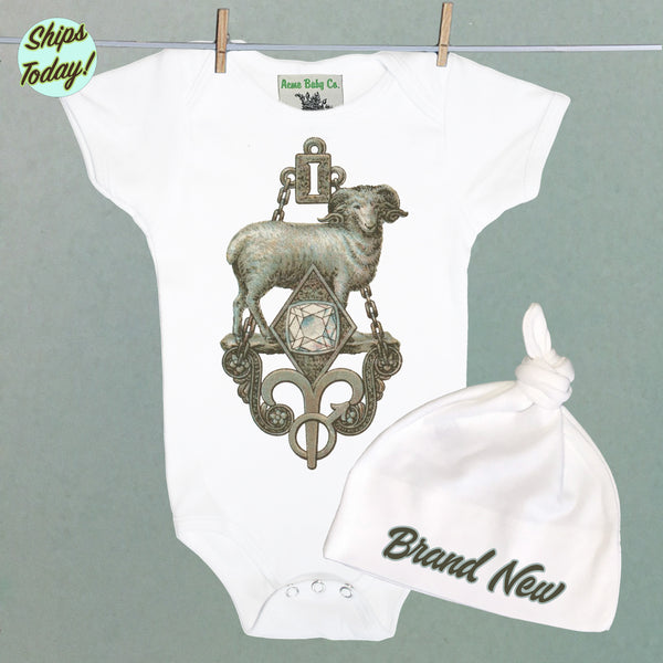 Brand New Aries Organic Baby Bodysuit and Cap Set