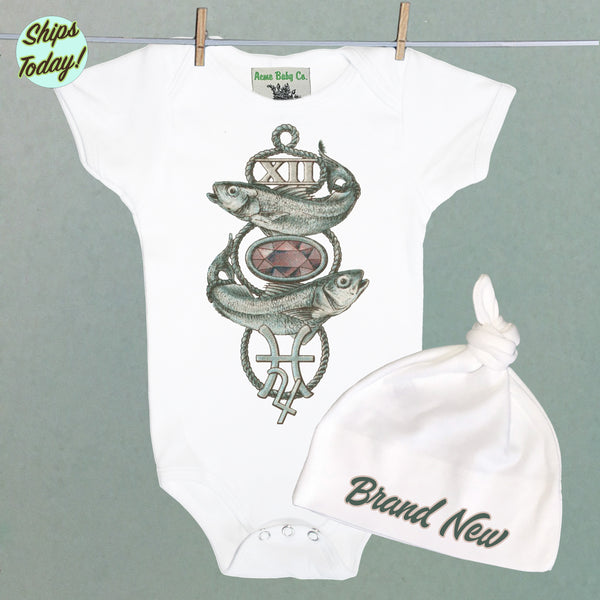 Brand New Pisces Organic Baby Bodysuit and Cap Set