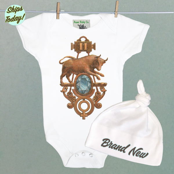 Brand New Taurus Organic Baby Bodysuit and Cap Set