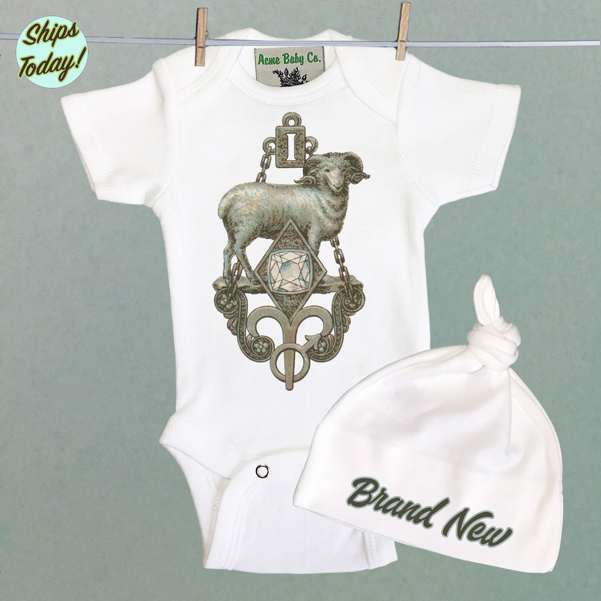 Brand New Aries Organic Baby Bodysuit and Cap Set