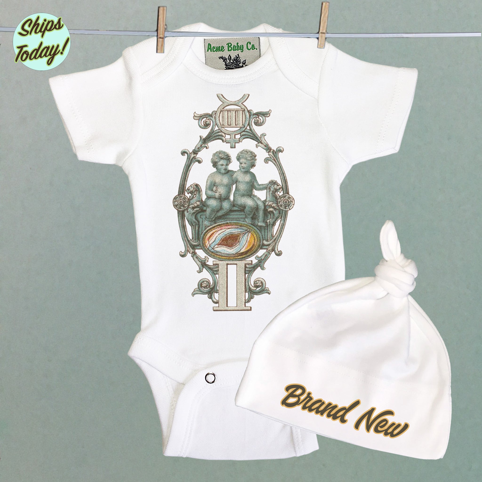 Brand New Gemini Organic Baby Bodysuit and Cap Set