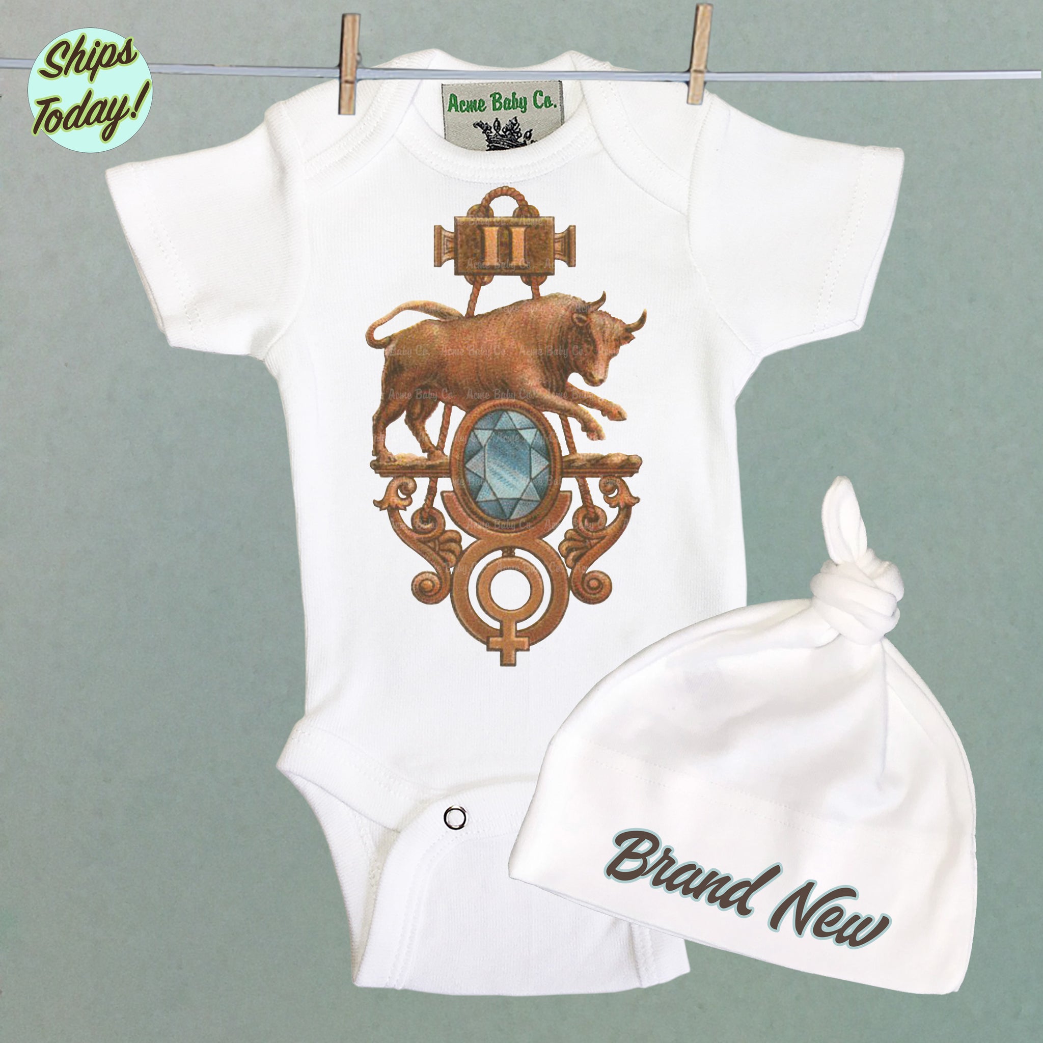 Brand New Taurus Organic Baby Bodysuit and Cap Set