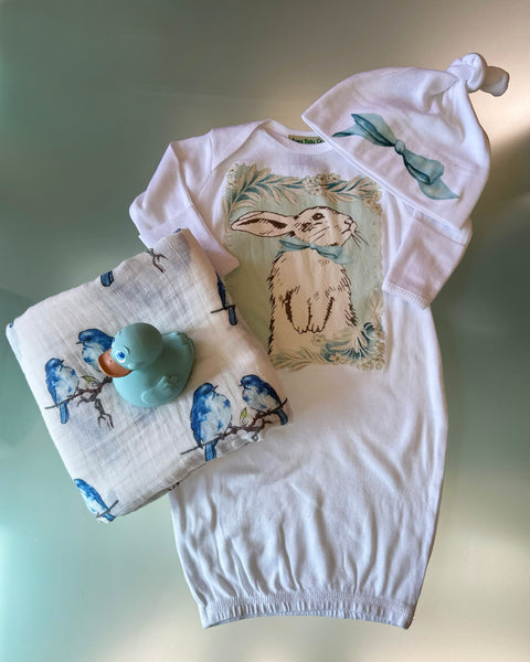 Blue Bunny Organic Baby Gown, Cap, Swaddle, Teether Set