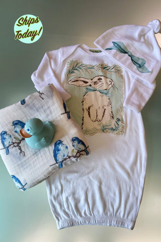 Blue Bunny Organic Baby Gown, Cap, Swaddle, Teether Set