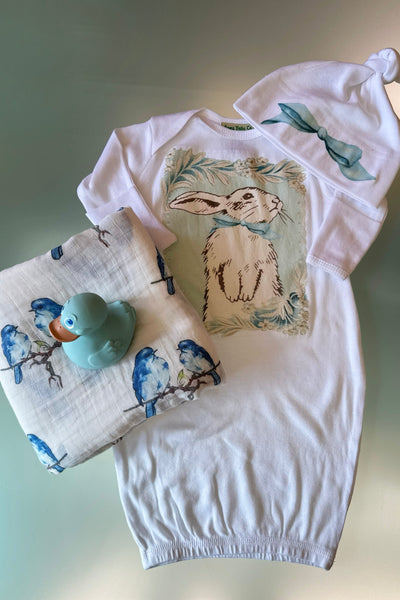 Blue Bunny Organic Baby Gown, Cap, Swaddle, Teether Set