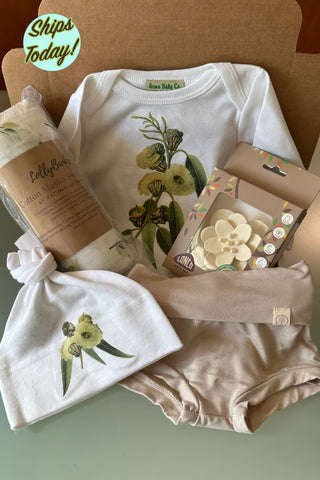 Eucalyptus Organic Baby Bodysuit, Cap, Swaddle, Teether, and Bamboo Shorts Set