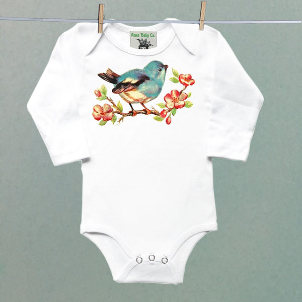 Bluebird on Cherry Branch Organic One Piece Baby Bodysuit