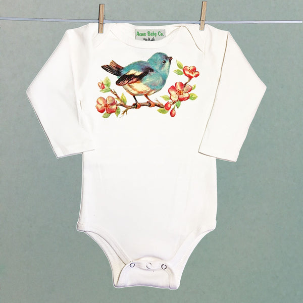 Bluebird on Cherry Branch Organic One Piece Baby Bodysuit