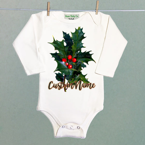 Personalized Birth Month December Holly Organic One Piece Baby Bodysuit