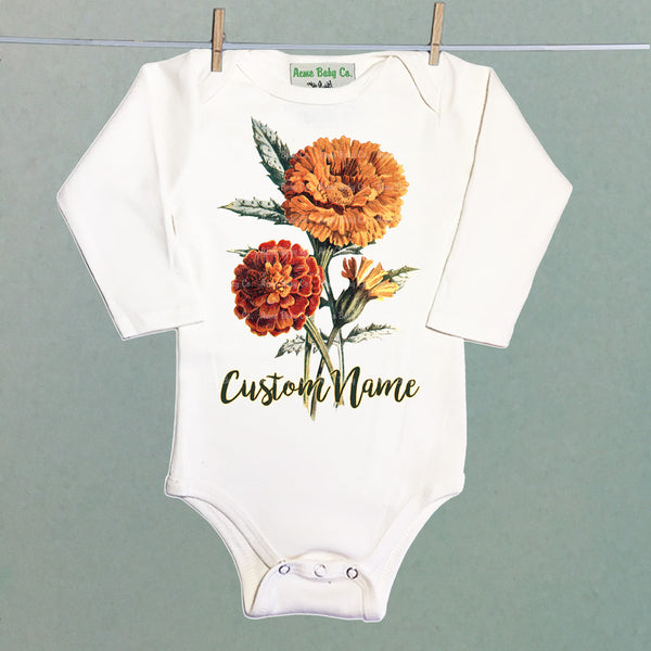 Personalized Birth Month October Marigolds Organic One Piece Baby Bodysuit