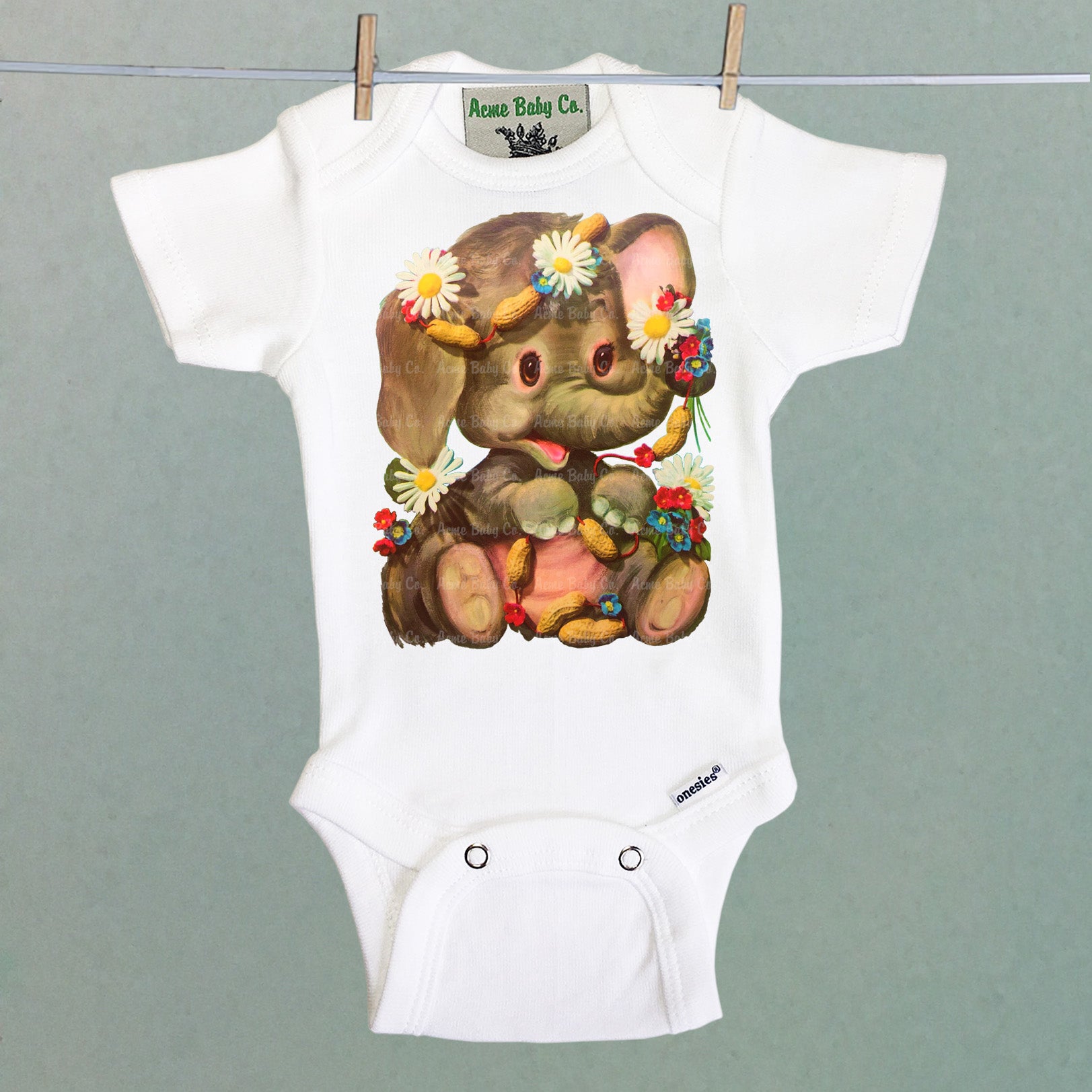 Elephant with Peanuts Organic One Piece Baby Bodysuit