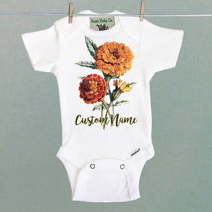 Personalized Birth Month October Marigolds Organic One Piece Baby Bodysuit