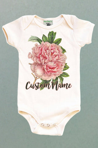 Personalized Birth Month November Peony Organic One Piece Baby Bodysuit