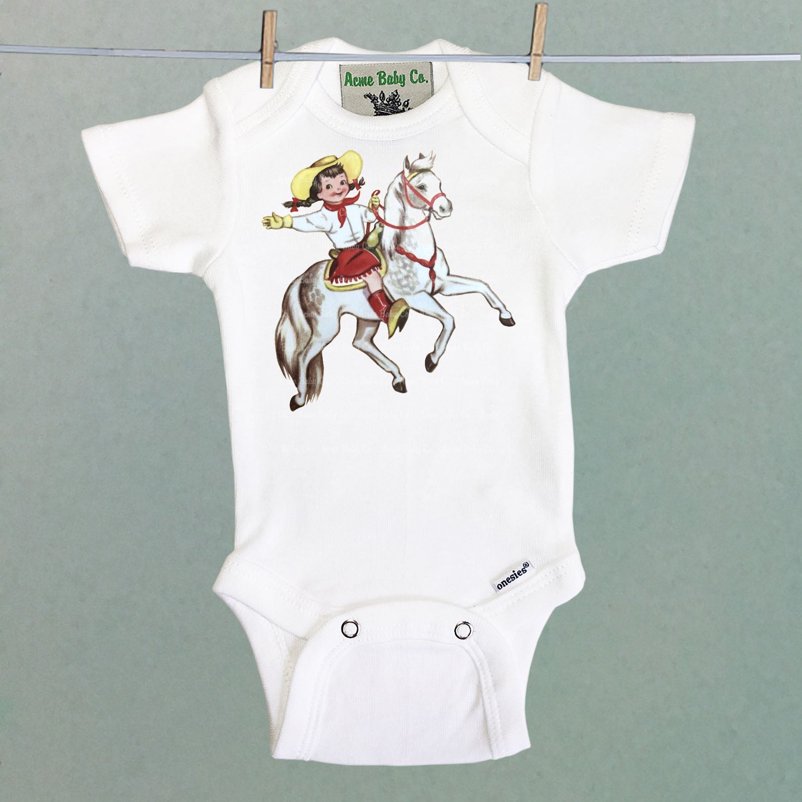 Cowgirl and White Horse One Piece Baby Bodysuit