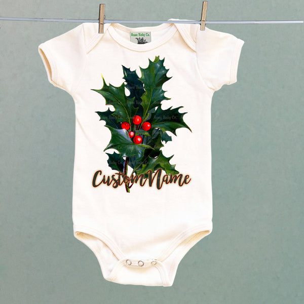 Personalized Birth Month December Holly Organic One Piece Baby Bodysuit