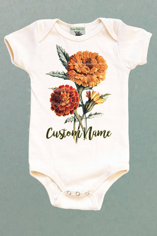 Personalized Birth Month October Marigolds Organic One Piece Baby Bodysuit