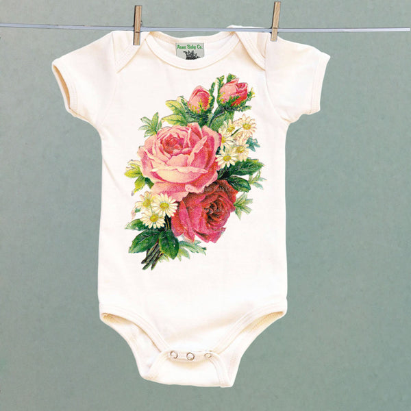 Pink Rose and Daisies One Piece Baby Bodysuit
