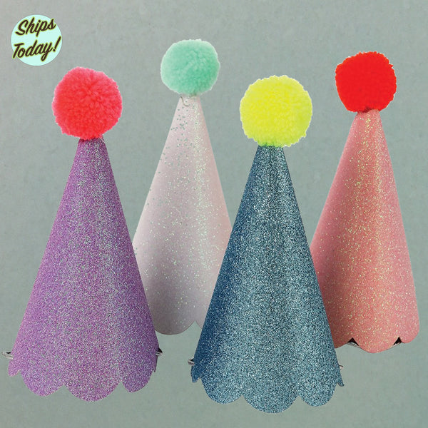 Glitter Pom Pom Party Hats