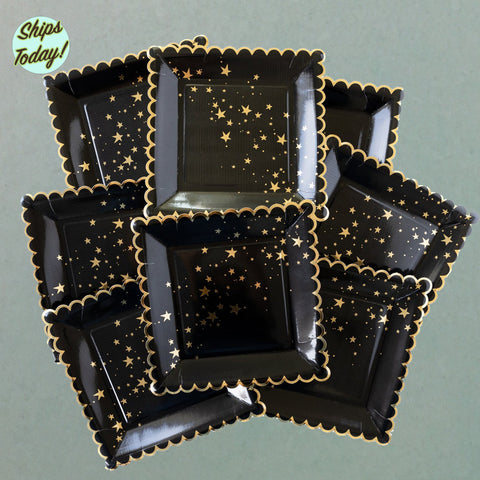 Gold Stars Black Scalloped 9" Paper Plates