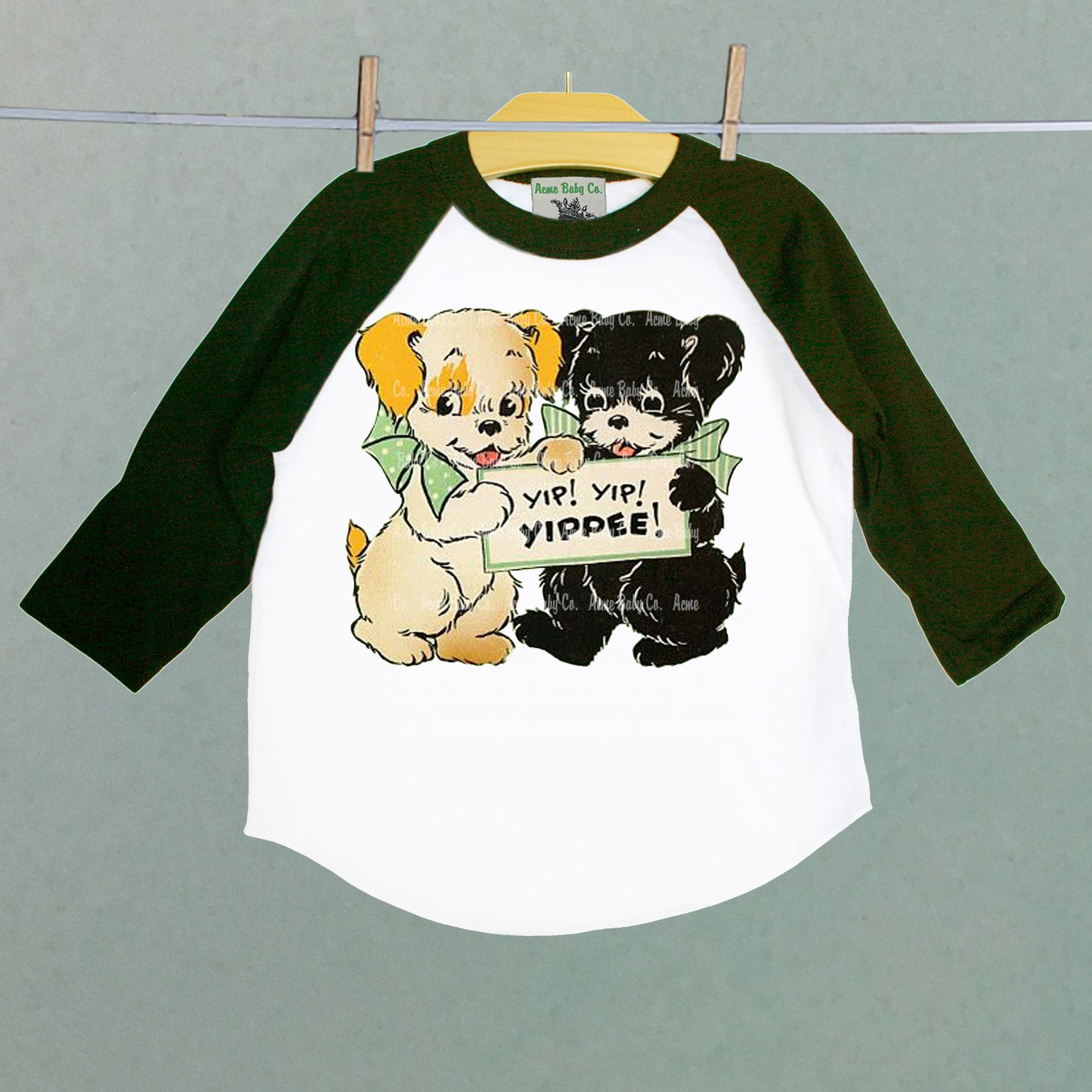 Children's Retro Baseball Raglan Shirt with Yippee Puppy Dogs