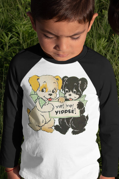 Children's Retro Baseball Raglan Shirt with Yippee Puppy Dogs