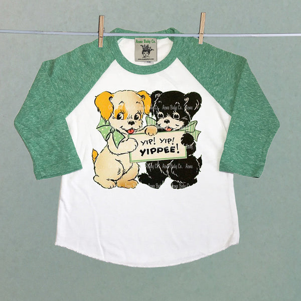 Children's Retro Baseball Raglan Shirt with Yippee Puppy Dogs