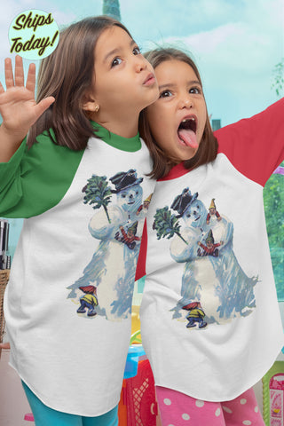 Snowman and Elves Children's Baseball Raglan Shirt