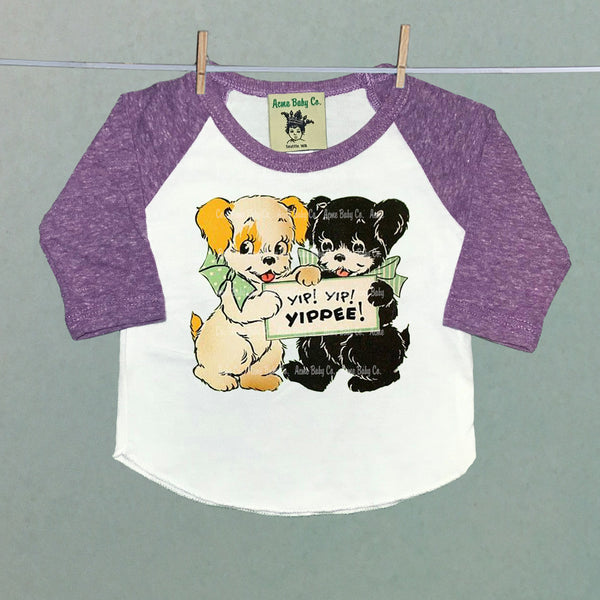 Children's Retro Baseball Raglan Shirt with Yippee Puppy Dogs