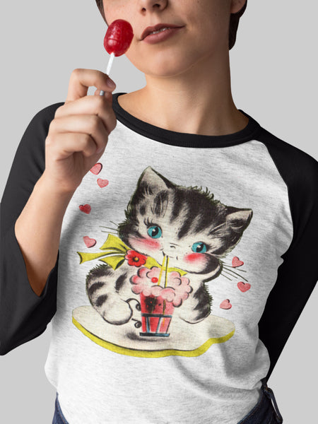 Soda Shop Kitten Adult Baseball Raglan