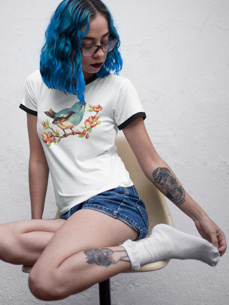 Bluebird on Cherry Blossom Cotton Ringer T-Shirt