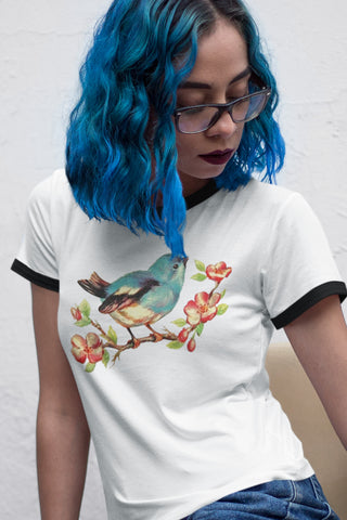 Bluebird on Cherry Blossom Cotton Ringer T-Shirt