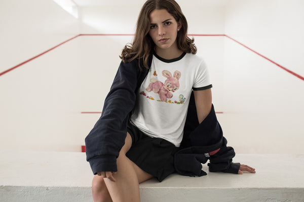 Pink Hoppity Bunny Rabbit Unisex Cotton Ringer T-Shirt