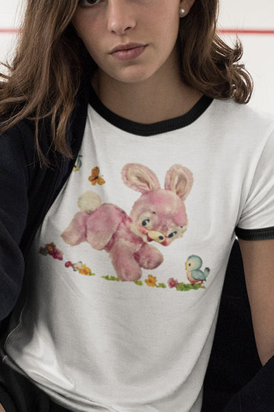 Pink Hoppity Bunny Rabbit Unisex Cotton Ringer T-Shirt