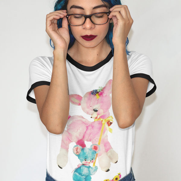 Kitschy Cute Pink Deer Unisex Cotton Ringer T-Shirt