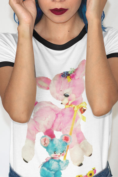 Kitschy Cute Pink Deer Unisex Cotton Ringer T-Shirt