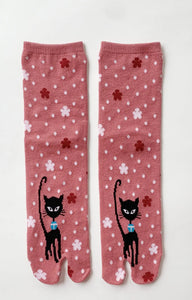 Black Kitty Tabi Socks in Cherry Blossom