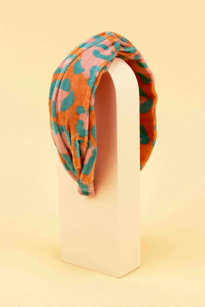Printed Velvet Headband Leopard Coral/Teal