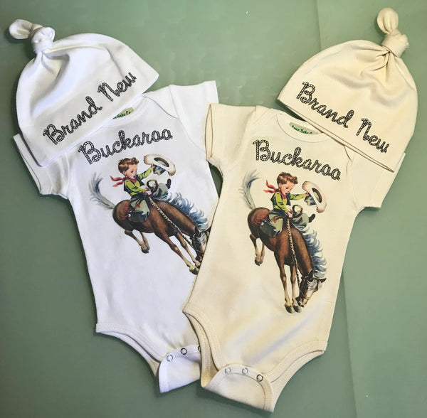 Personalized Buckaroo Organic Baby Bodysuit and Cap Set