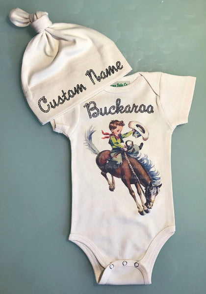 Personalized Buckaroo Coming Home Baby Bodysuit and Cap Set